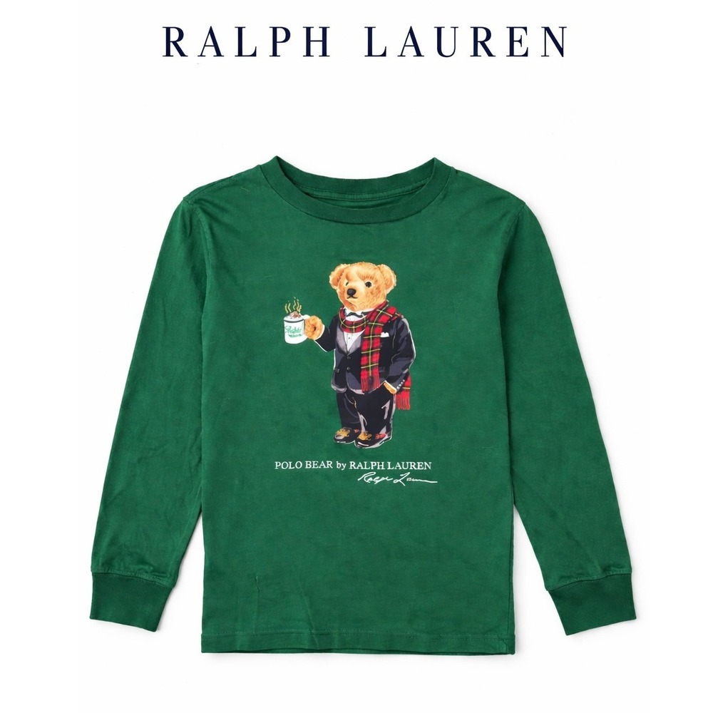 Ralph Lauren Polo Bear Shirt Kids Green Long Sleeve Size 6